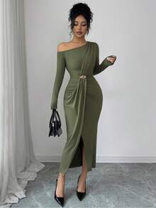 Elenzga Đầm dài dáng ôm cổ lệch màu trơn thanh lịch dành cho nữ - xanh quân đội - Xem 6