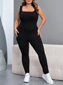 SHEIN CURVE+ Damen Jumpsuit in Große Größen, schwarz, ärmelos, rückenausschnitt, figurbetonend - Schwarz - Übersicht 5