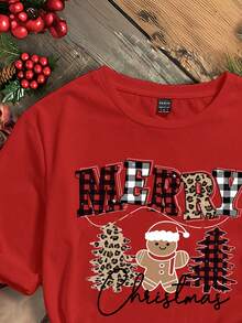 SHEIN EZwear Lässiges, lockeres Damen-T-Shirt mit weihnachtlichem Lebkuchenmann- und Weihnachtsbaum-Motiv, Rundhalsausschnitt und kurzen Ärmeln, geeignet für Sommer und Weihnachten. Rotes Oberteil