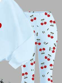 SHEIN Leap Crew Cute Mini Cherry Print, Tween Girls Knit Crew Neck Letter Graphic Loose Sweatshirt And Flare Pants Casual 2 Pieces Set - Multicolor - View 5