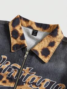 ROMWE MEN Street Life Men's Autumn Leopard Print Letter Graphic Zip-Up Casual Denim Jacket