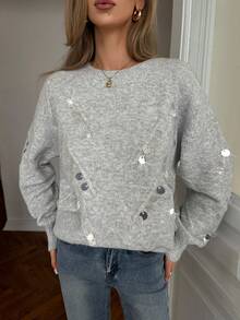 Elenzga Sequin Decor Drop Shoulder Sweater - Grey - View 8