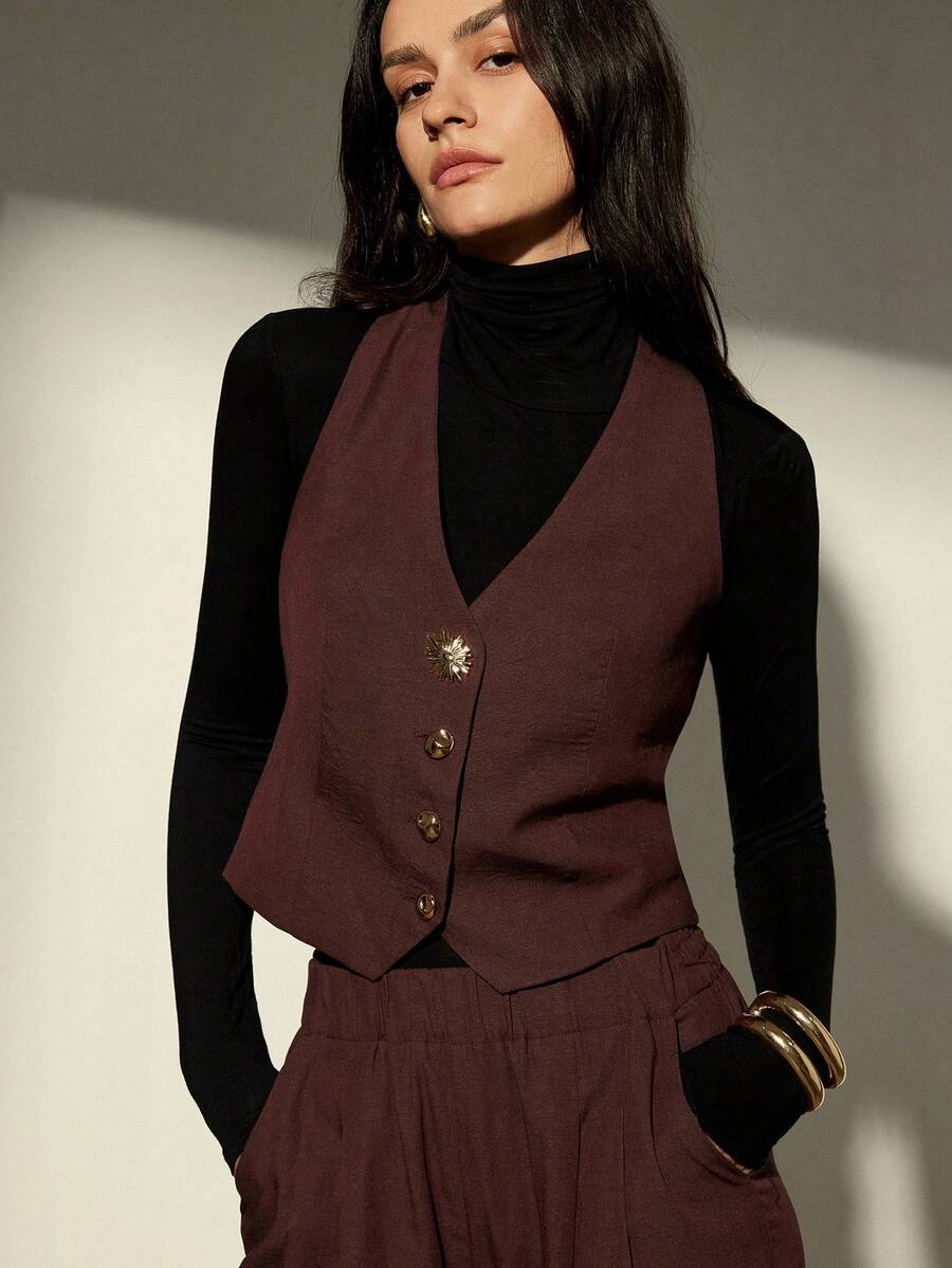 Aveloria Modichic Halter Neck Tie Bow Backless Design Loose Flowy Waist Elastic Waist Wide Leg Pants 2 Pieces Set - Chocolate Brown - View 1