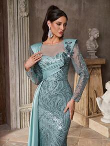 Aureia 优雅、浪漫、庄重、奢华的蓝色亮片面料，缎面拼布，长袖，褶饰，鱼尾下摆，拖尾，时尚，节日，度假，生日派对，婚礼活动，正式晚礼服（豪华版） - 藍色 - 查看 7