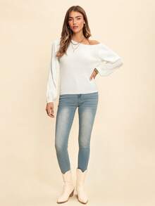 Coeurva 不对称领口灯笼袖毛衣，长袖上衣