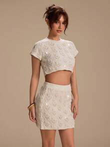 SHEIN Unity 2pcs/Set Women's Apricot Knit Short Sleeve Top And Mini Skirt Set, Beach Summer Outfits - Apricot - View 5