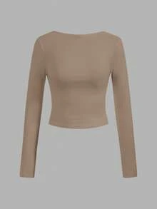 SHEIN EZwear 2pcs Casual Sexy Solid Color Versatile Backless Round Neck Long Sleeve Cropped Fitted Women T-Shirts, Suitable For Spring/Autumn - Multicolor - View 7