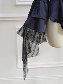 ROMWE EDITION 加大码中世纪复古深色哥特式蕾丝拼布长袖衬衫 - 灰色 - 查看 4