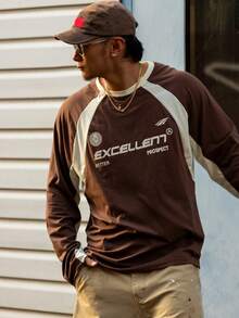 DAZY 男士刺绣拼布撞色字母印花插肩袖 T 恤，秋季 - 棕色 - 查看 6