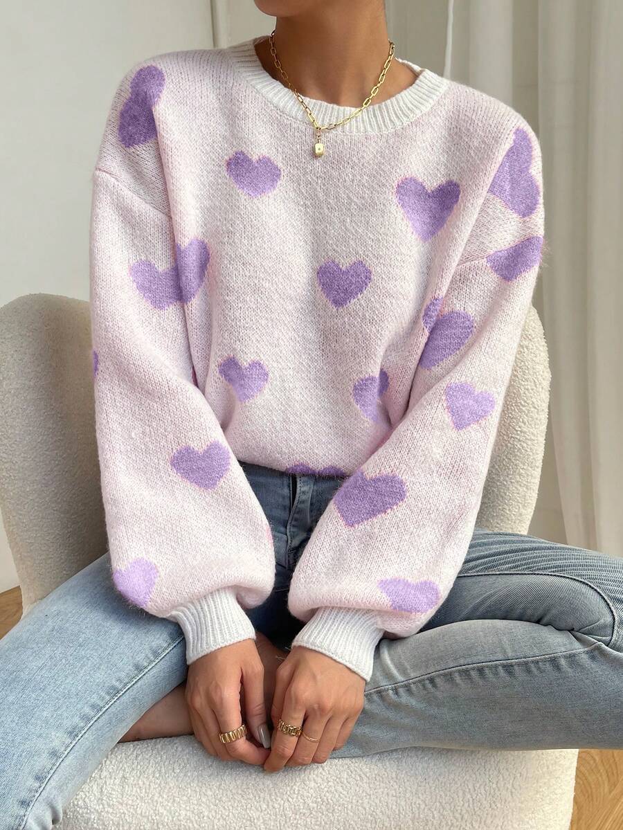 SHEIN Raffinéa Women's Heart Pattern Drop Shoulder Lantern Sleeve Loose Knit Pullover Sweater, Christmas - Multicolor - View 1