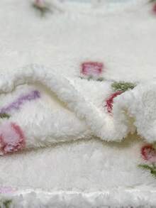 SHEIN 年轻女孩休闲碎花毛绒长袖上衣和裤子套装 - 白色 - 查看 8