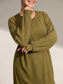 Momelise Christmas Plus Size Casual Asymmetrical Hem Long Sleeve Pullover Dress - Army Green - View 5