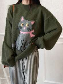 FRIFUL Women's Solid Color Round Neck Drop Shoulder Long Sleeve Cat Crochet Design Loose Casual Versatile Sweater, Autumn/Fall - Green - View 3