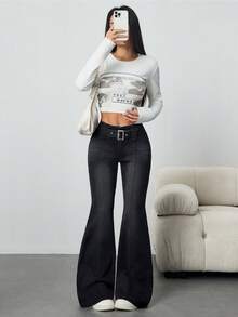 SHEIN Tall 休闲百搭腰带复古修身喇叭腿女式牛仔裤 - 黑色 - 查看 4