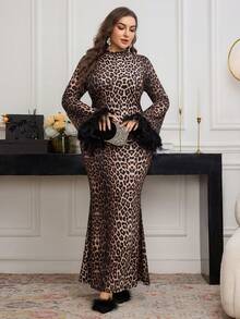 Modelyn Große Größen Damen Leopard Muster Tier Muster Feder Manschetten Kleid mit Fischschwanz-Saum
