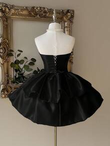 Lovelzi 优雅、奢华、高贵的白色缎面露肩收腰双层蛋糕裙，适合单身派对、婚礼、毕业典礼、度假、正式舞会 - 黑色 - 查看 2