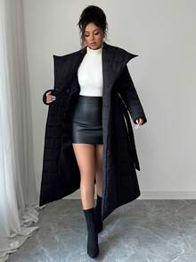 Elenzga 女士优雅通勤黑色格子大翻领双排扣蝴蝶结腰带设计双口袋长袖修身长款羽绒服，秋冬款 - 黑色 - 查看 7