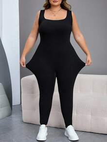 SHEIN CURVE+ Damen Jumpsuit in Große Größen, schwarz, ärmelos, rückenausschnitt, figurbetonend - Schwarz - Übersicht 7