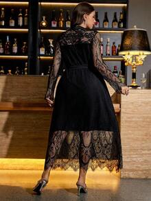 Gownix 加大码纯色蕾丝拼接腰带优雅长袖连衣裙 - 黑色 - 查看 8