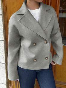 SHEIN Unity 杏色双面缺角领短款大衣，双排扣，带口袋，长袖，时尚百搭，适合通勤、办公、休闲、优雅、复古、学术、日常、约会等场合，女士秋冬款 - 灰色 - 查看 6