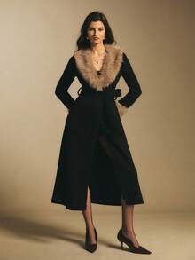 Poéselle Black Belted Faux-Fur Collar Maxi Coat – Longline Wrap Trench With Plush Cuffs & Subtle Sparkle,Longline Maxi Trench,Holiday Party Outerwear,Glamorous Winter Coat,Faux Fur Trim Jacket,Black Evening Coat,Statement Collar Coat,Women's Fashionable Fuzzy Patchwork Jacket, Autumn/Winter,Winter Clothes For Women - Black - View 4