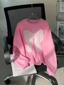 青少年女孩圆领长袖蝴蝶结简约运动衫休闲日常穿着