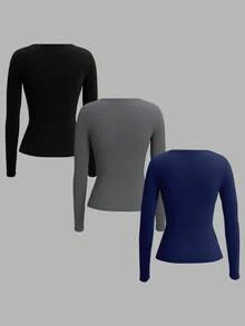SHEIN EZwear 3pcs/Set Plus Size Women Long Sleeve Crew Neck Button Front Knit T-Shirt, Suitable For Autumn/Winter Fall - Multicolor - View 2