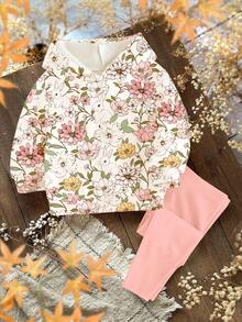 SHEIN 可爱的复古花卉印花、郁金香、菊花、蝴蝶结印花、复古粉色、女婴休闲宽松字母图案连帽衫和裤子两件套、甜美休闲、户外野餐、街头风格 - 彩色 - 查看 2