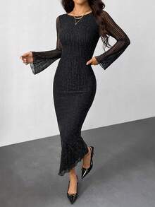 SHEIN PETITE Women's Elegant Black And Silver Glitter Fitted Dress,Round Neck Flare Sleeve Backless Open Back Sheer Sequin Night Club Night Out Autumn Dress ,Petite Women - Black - View 2