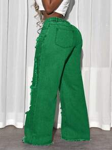 SHEIN Tall CURVE 大码时尚水洗做旧高腰牛仔裤 - 綠色 - 查看 2