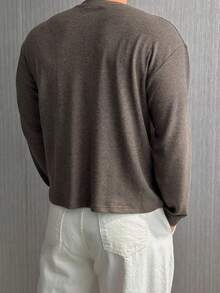 DAZY Áo thun nam cổ tròn, màu trơn, có khóa kéo nửa, màu xám đậm, mùa thu - Màu xám chì - Xem 2