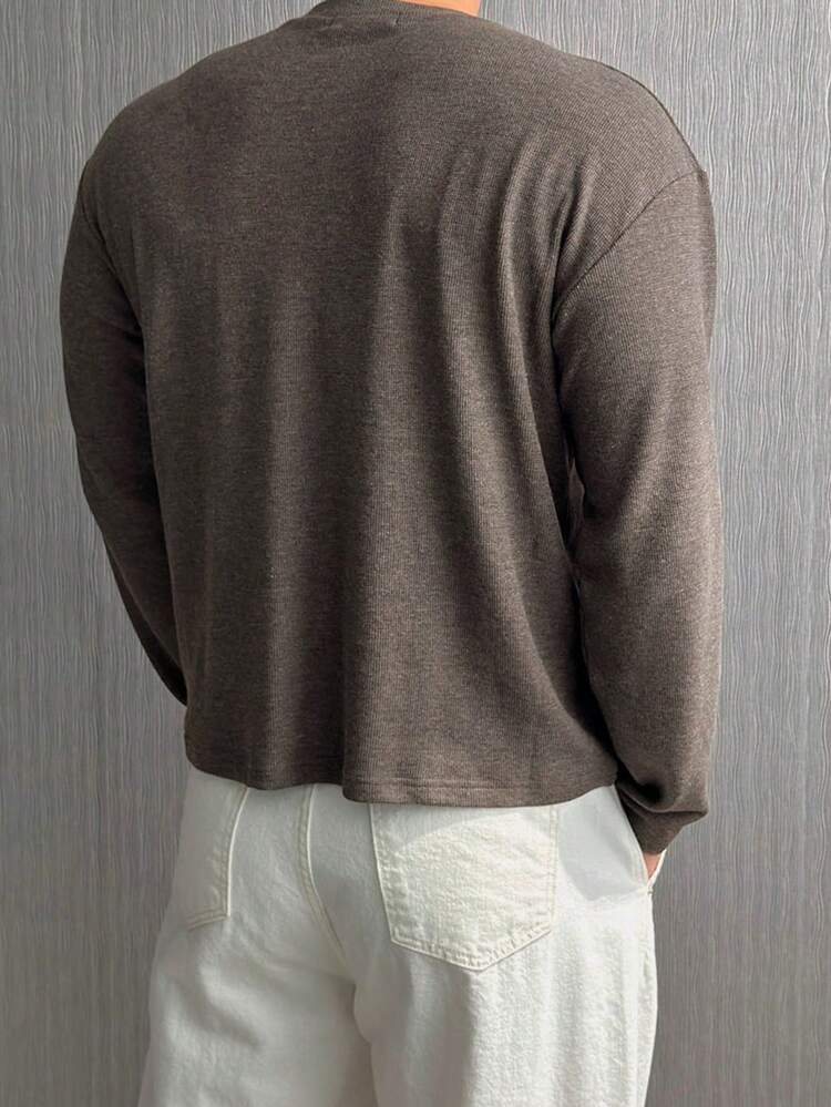 Men's Solid Color Half-Zip Crew Neck T-Shirt, Dark Grey, Autumn