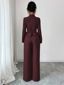 Modelyn 女式秋季梭织纯色斜襟裹腰长袖两件套 - 酒紅色 - 查看 2