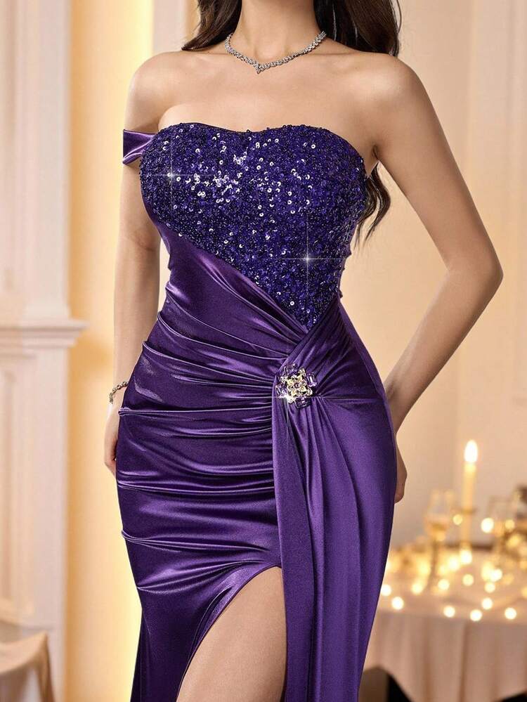 Coutiva Vestido de noche formal de mujer con hombros descubiertos, abertura alta y parches de lentejuelas elegantes - Morado - Añade 8