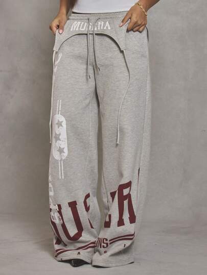 MUSERA Graphic Suspender Overlay Wide Leg Joggers Cool Girl, Streetstyle, Everyday, Autumn, Winter, Varsity, 1997  Fall
