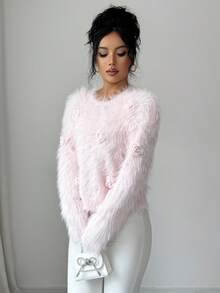 SHEIN Elenzya Women's Elegant Faux Mink Fluffy 3D Rose Flower Long Fur Sweater, Autumn/Winter - Pink - View 5