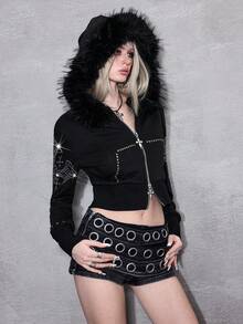 ROMWE Avant Y2K亚文化深色修身十字水钻装饰卫衣 - 黑色 - 查看 7