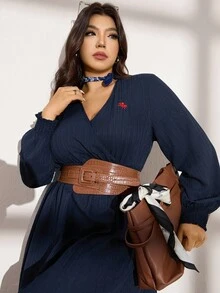 Zelara 大码秋季服装全印花褶皱豹纹长袖连衣裙/秋季连衣裙/秋季女装秋季婚礼宾客连衣裙优雅女士连衣裙商务休闲女士工作连衣裙商务连衣裙 - 藏蓝色 - 查看 4
