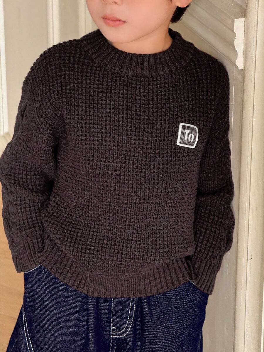 SHEIN Little Byeori Young Boys Casual Crew Neck Long Sleeve Sweater - Brown - View 1