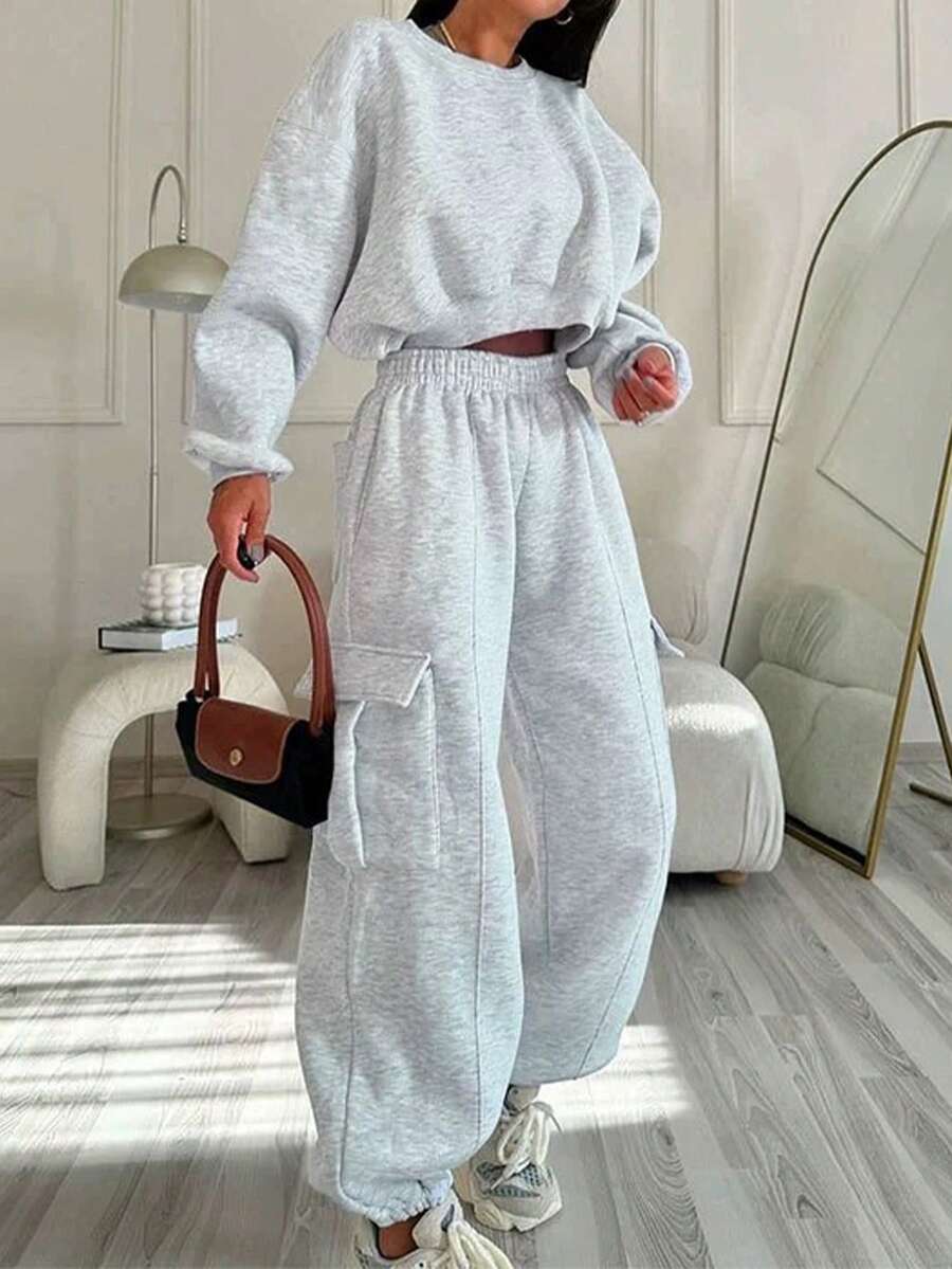 INAWLY Bộ 2 áo nỉ ngắn tay dài cổ tròn in hoa cỡ lớn cho nữ kèm quần nỉ cạp chun có túi - Màu Xám nhạt - Xem 1