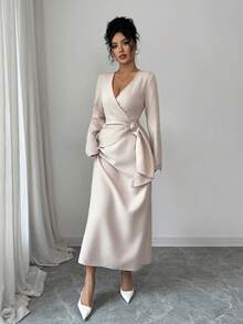Rafferiza White Autumn Elegant V-Neck Long-Sleeved Dress,Fitted Waist With Circular Accessories,Chic Thanksgiving,New Year's Wear & Dining Party Stylish Dress - Apricot - View 8