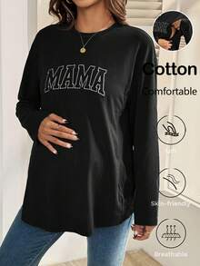 SHEIN Black Cotton Nursing Sweatshirt For New Moms With Round Neck Long Sleeves And Mama Letter Pattern Casual And Breathable Nursing Top Mama Shirt Pregnancy Shirts Breastfeeding Shirt Maternity Shirt - Black - View 4