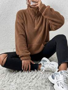 SHEIN EZwear Áo nỉ chui đầu dài tay màu nâu sô cô la có khóa kéo nửa đầu dành cho nữ, dáng rộng, Thu/Đông, Áo dài tay, Lễ tốt nghiệp, Trở lại trường, Lễ tốt nghiệp, Trang phục giáo viên, Trở lại trường, Mùa thu, Giáng sinh - Màu nâu Sô-cô-la - Xem 3