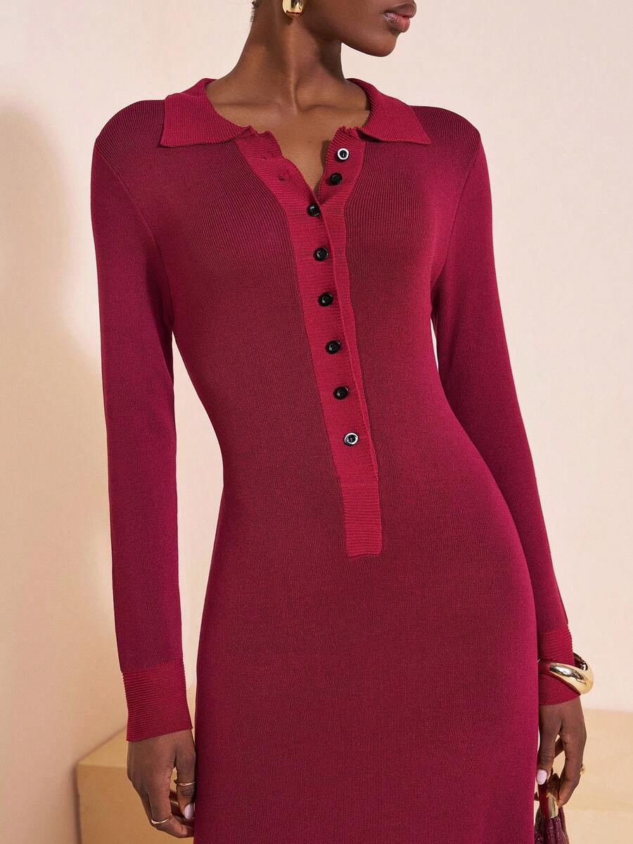 Zivah 2025 秋冬新品 音乐节, 复活节, 圣帕特里克节, 西部风, 游牧风, 生日派对, 毕业典礼, 日常休闲, 百搭百搭, 休闲, 邮轮旅行, 海滩, 日光浴, 病毒式传播, 街头潮流, 婚礼嘉宾, 优雅, 通勤, 早午餐, 机场, V领长袖A字针织长裙, 酒红色 - 酒紅色 - 查看 1