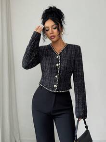 SHEIN Elenzya Women's Elegant Plaid Studded Jacket, Suitable For Dates And Parties, Winter - Black - View 3