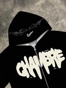 Manfinity Dauomo Men's Autumn Letter Print Zip-Up Hoodie Jacket - Multicolor - View 3