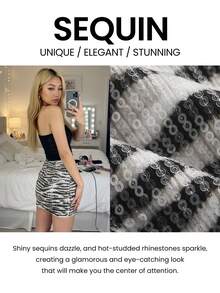 Y2Kool Minifalda de mujer con estampado animal, lentejuelas y color metálico, adecuada para fiestas de Halloween y vacaciones. Falda de lentejuelas con estampado de cebra, idea de combinación casual. Falda con estampado animal para mujer, falda gráfica, falda blanca y negra, falda de cebra para mujer, colección de ropa de estilo, nuevos atuendos de Año Nuevo