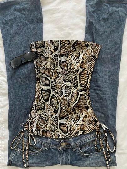 Attitoon Casual cropped camisoletop met trekkoord en strik aan de voorkant voor dames, slangenprint