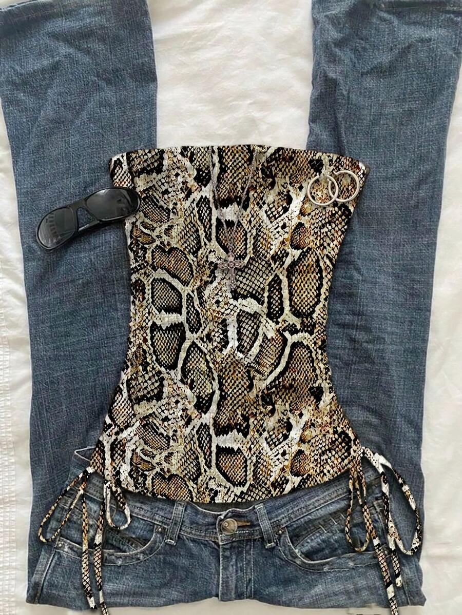 Attitoon Women's Casual Drawstring Tie-Front Cropped Camisole Top, Snake Skin Print - Multicolor - View 1