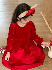 SHEIN Young Girls' Casual Round Neck Puff Sleeve Dress - Red - View 7
